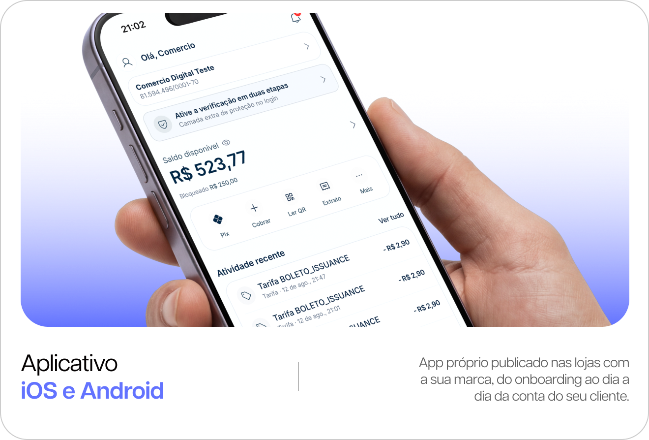 Aplicativo Hightom iOS e Android: app próprio publicado nas lojas com a sua marca, do onboarding ao dia a dia da conta do seu cliente.