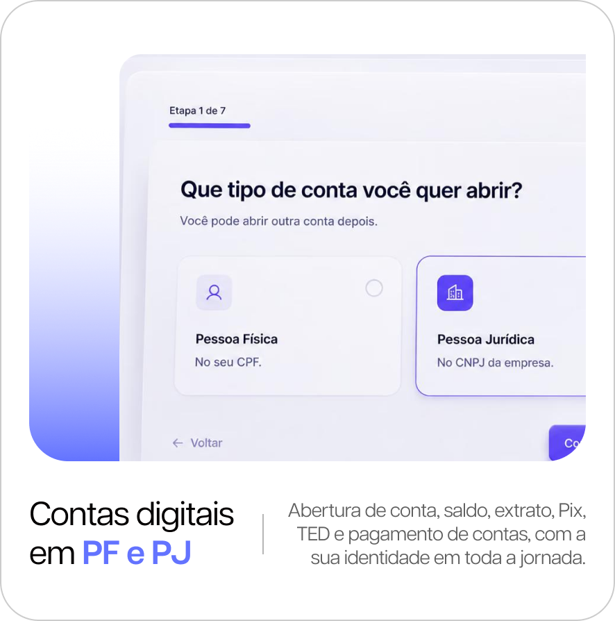 Contas digitais em PF e PJ: abertura de conta, saldo, extrato, Pix, TED e pagamento de contas, com a sua identidade em toda a jornada.