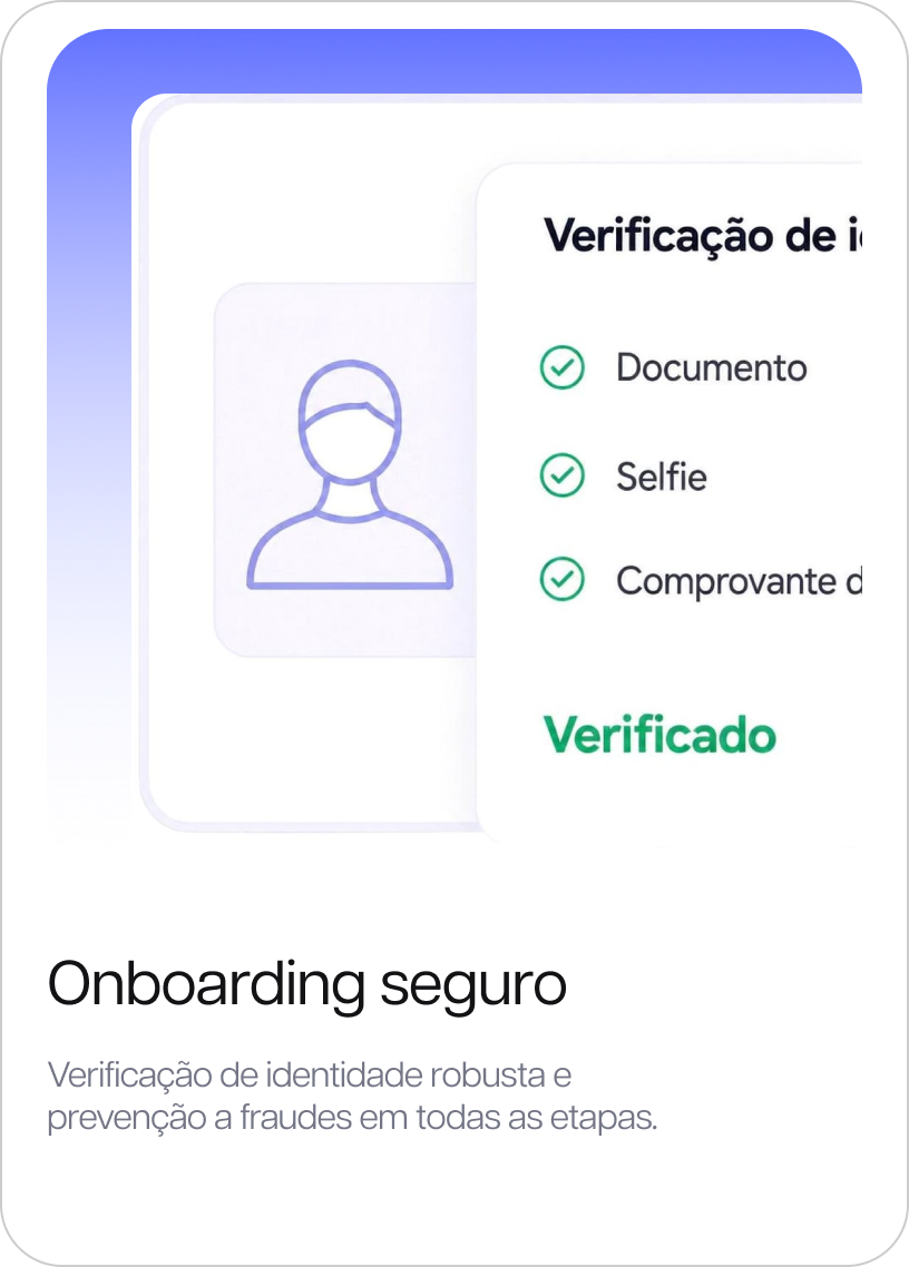 Onboarding seguro: verificação de identidade robusta e prevenção a fraudes em todas as etapas.